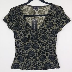 NWT Dolls Kill Flocked Mesh Cinched Bust Tee Black Green Mesh Stretch Sz M